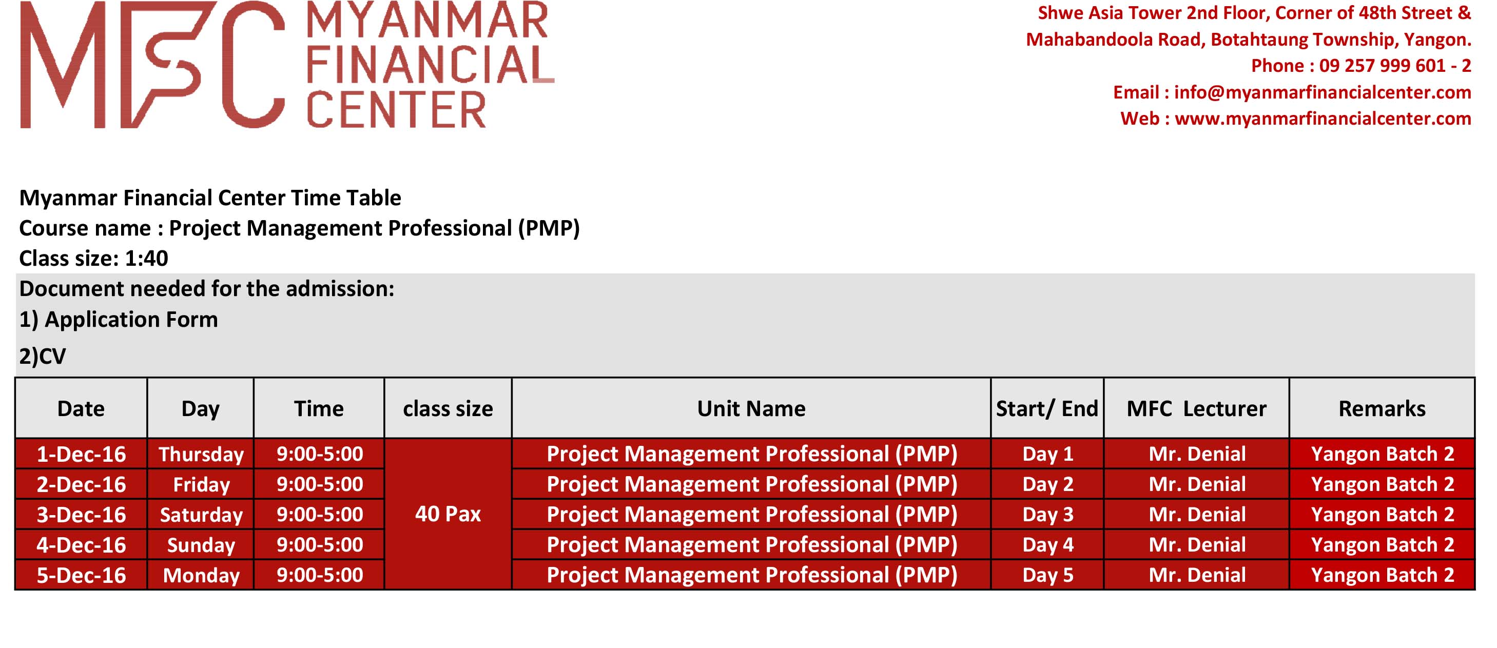 MES Timetable (Yangon Batch 2)