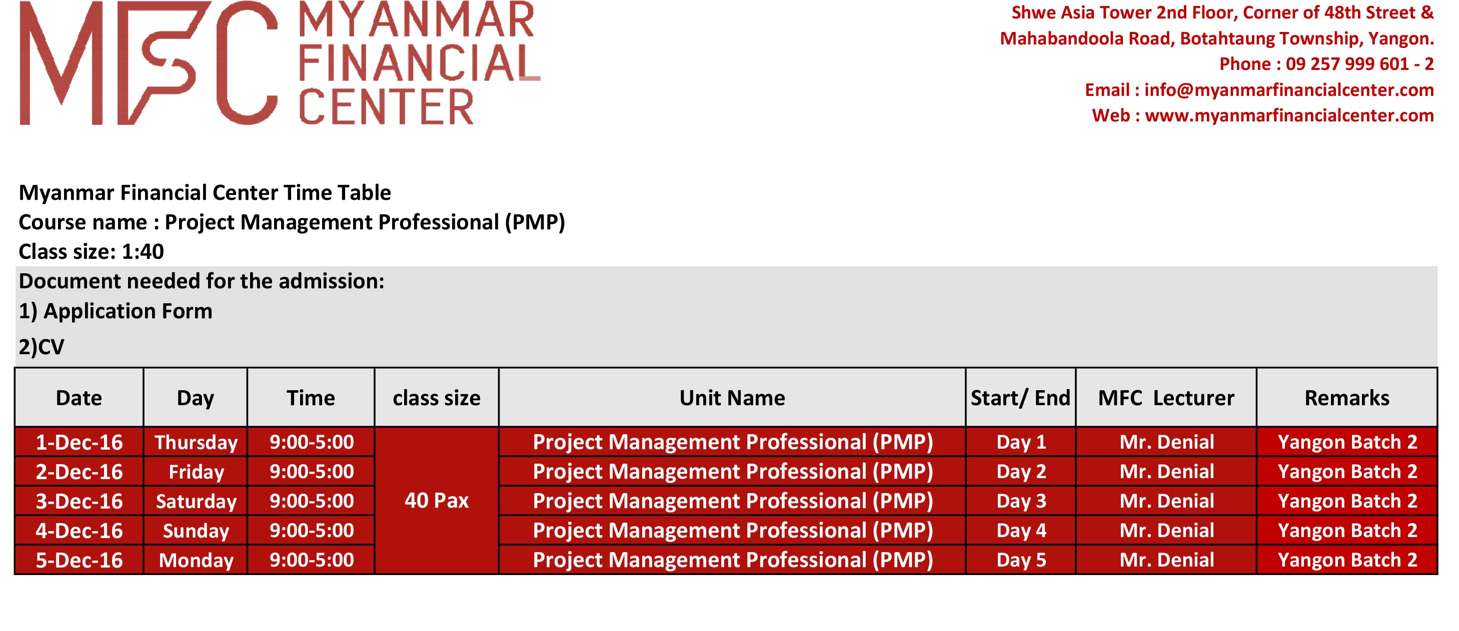 MES Timetable (Yangon Batch 2)